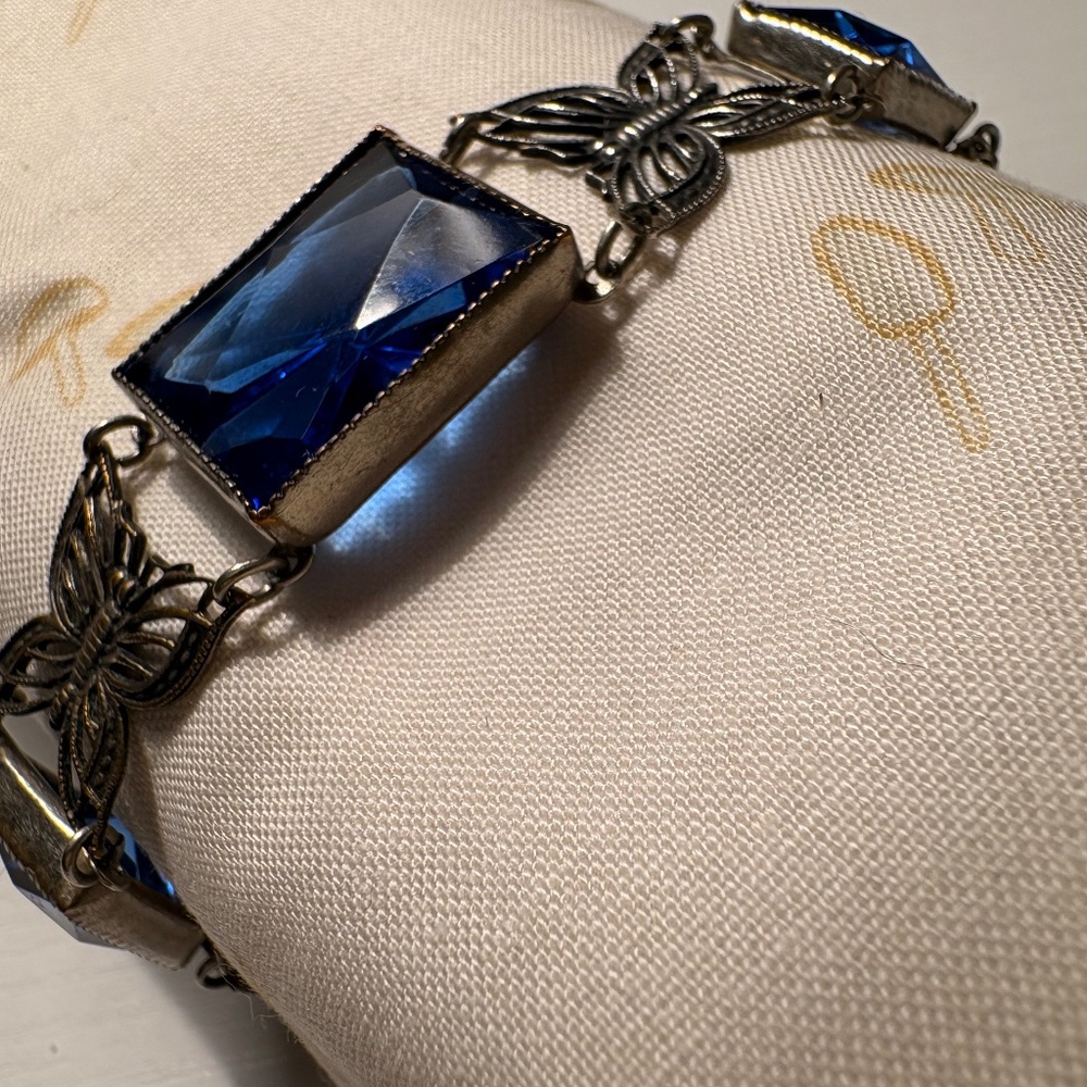 Vintage Art Deco 1920 Czechoslovakian blue glass crystal butterfly link bracelet